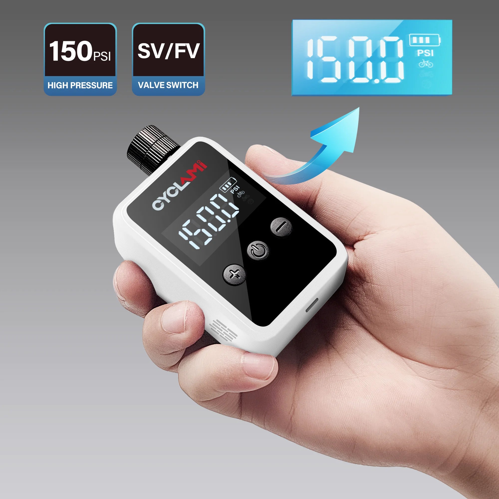 Cyclist using a compact digital air pump on the go